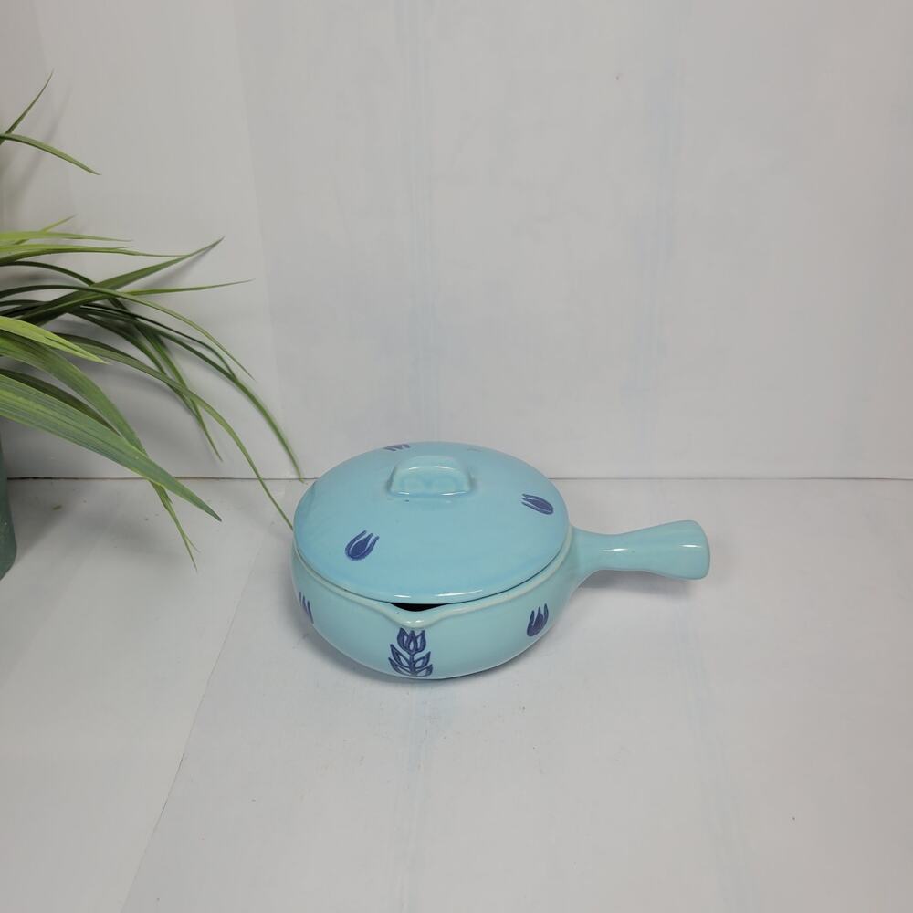 Vintage Cronin Cameron Blue Tulip Individual Casserole Dish with Lid, 1950s MCM